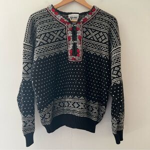 Voss Sweater Norwegian Wool Fair Isle Vintage Nordic Apres Ski Black Size Small